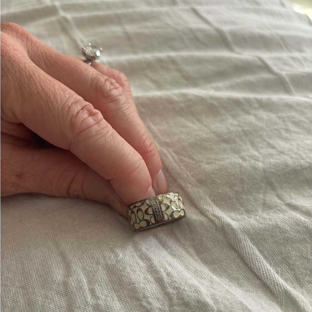 Coach Silver and Cream Patterned Ring